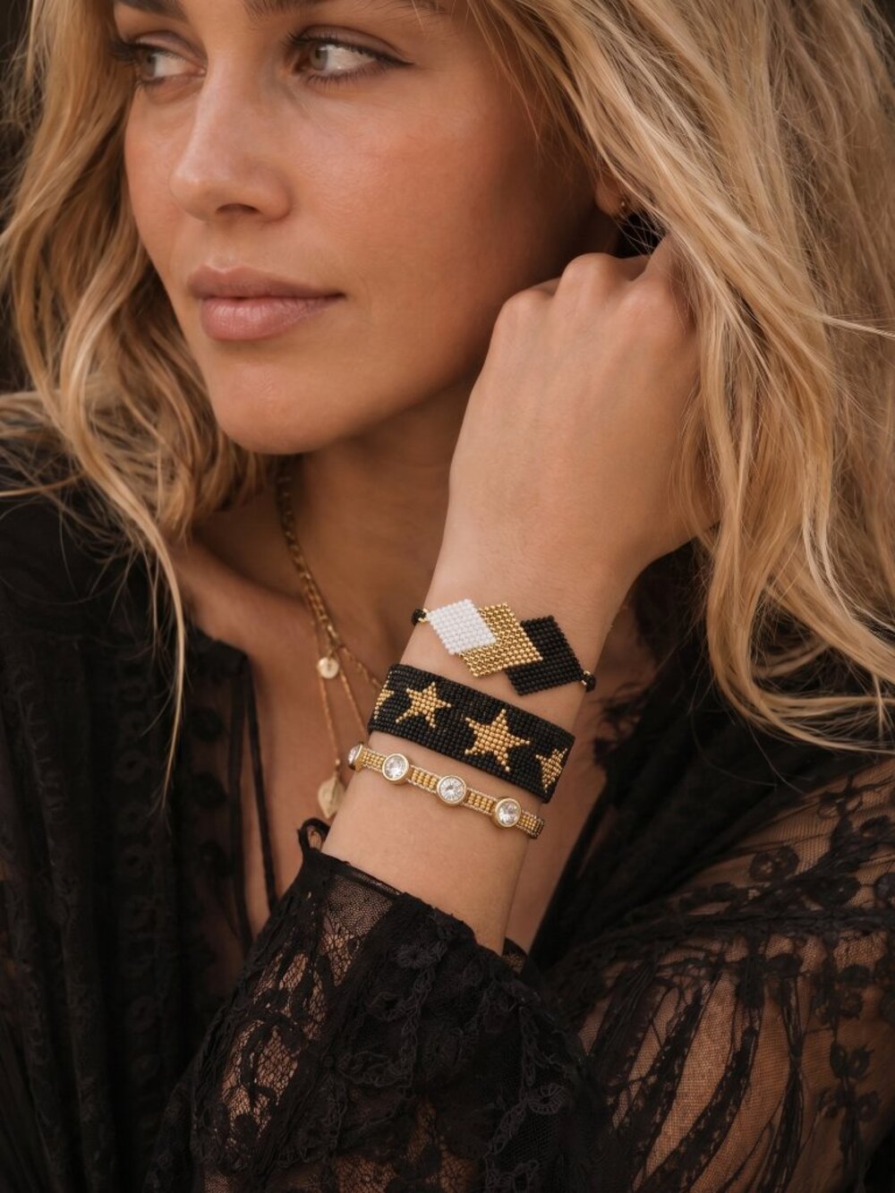 Handmade Boho Bracelet Stack Black Gold Silver Beaded Jewelry Set Adjustable